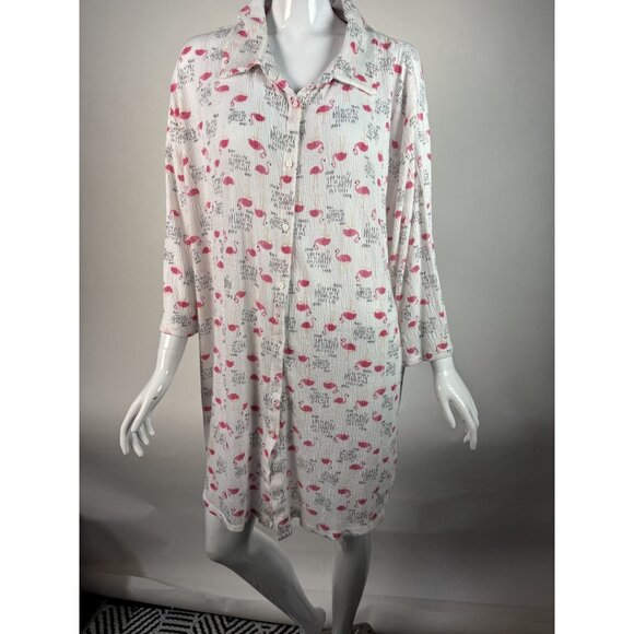 Flamingo Print Button-Up Nightshirt By I. Appel XL Polyester/Spandex Blend Made - Picture 7 of 16